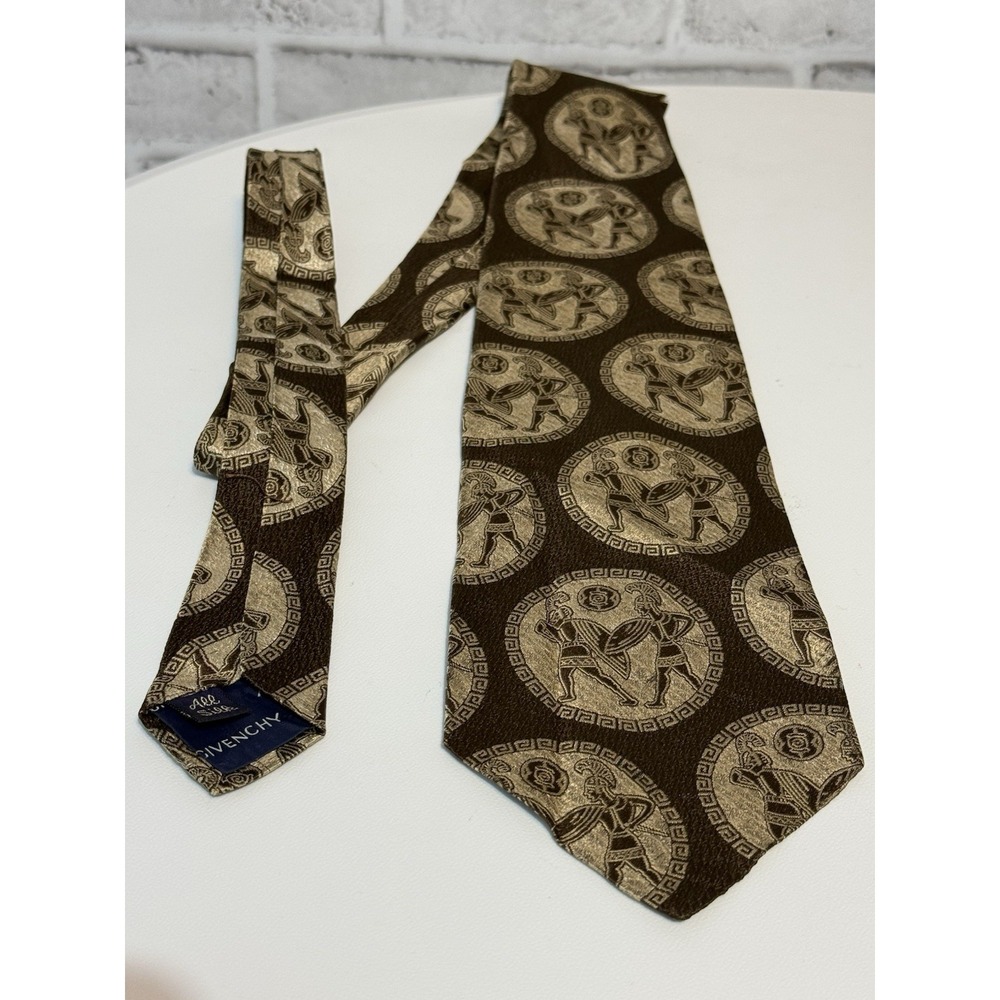 Vintage 1970s GIVENCHY Silk Tie Brown Gold Greco-Roman Medallion Wide 4" As-Is